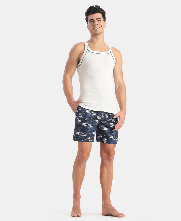 Super Combed Cotton Rib Square Neck Gym Vest with Graphic Print - Snow White Melange