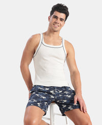 Super Combed Cotton Rib Square Neck Gym Vest with Graphic Print - Snow White Melange