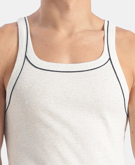 Super Combed Cotton Rib Square Neck Gym Vest with Graphic Print - Snow White Melange
