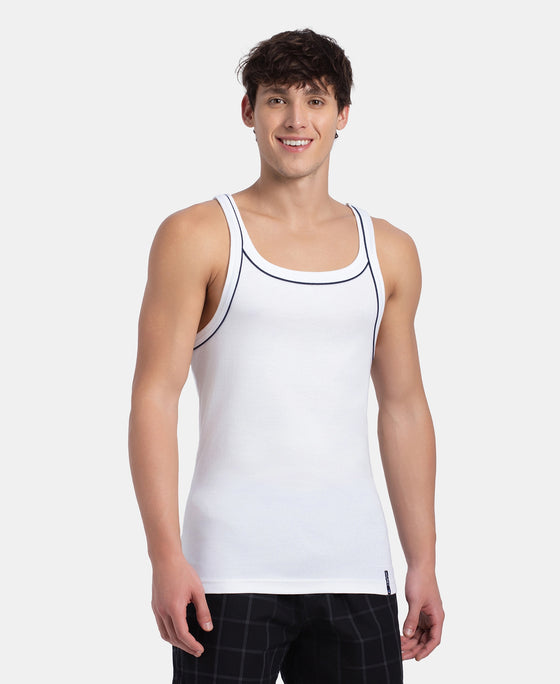 Super Combed Cotton Rib Square Neck Gym Vest with Graphic Print - White