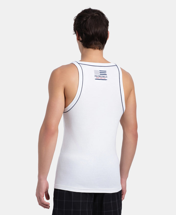 Super Combed Cotton Rib Square Neck Gym Vest with Graphic Print - White