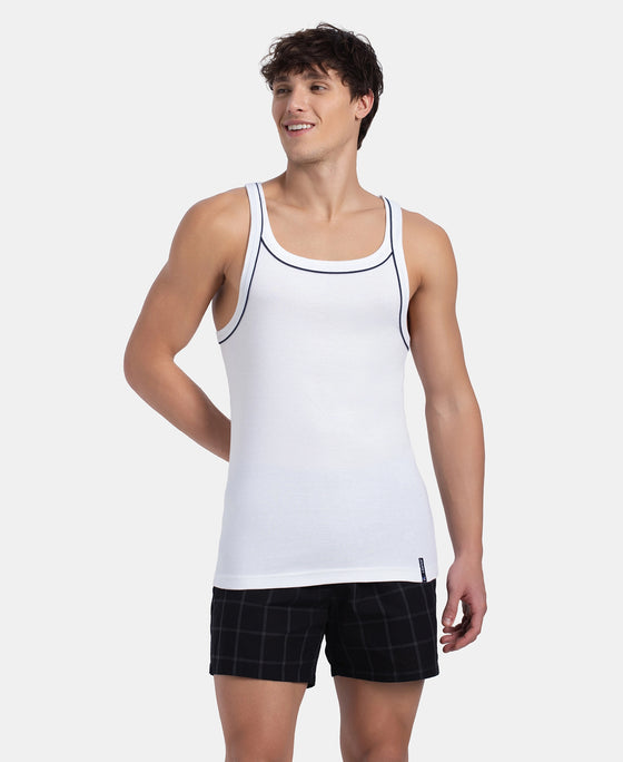 Super Combed Cotton Rib Square Neck Gym Vest with Graphic Print - White