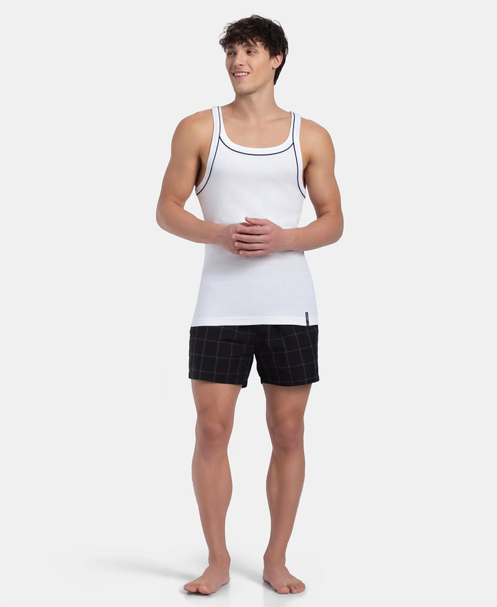 Super Combed Cotton Rib Square Neck Gym Vest with Graphic Print - White