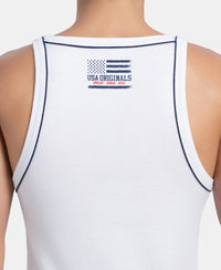 Super Combed Cotton Rib Square Neck Gym Vest with Graphic Print - White