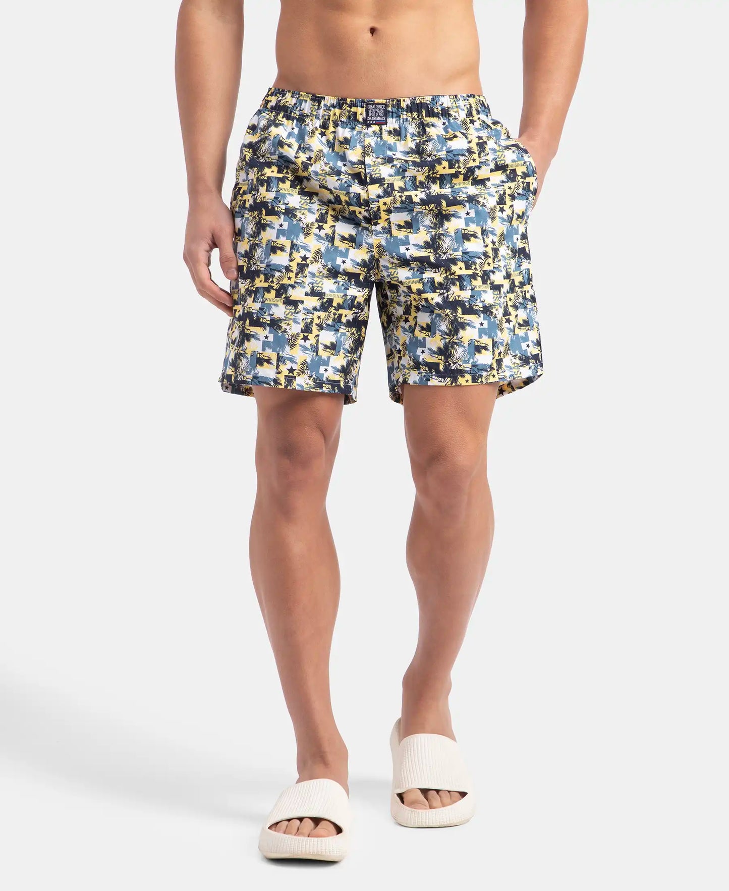 Super Combed Mercerized Cotton Woven Printed Boxer Shorts with Side Pockets - Blue Heaven & White (Pack of 2)