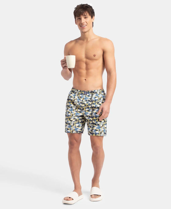 Super Combed Mercerized Cotton Woven Printed Boxer Shorts with Side Pockets - Blue Heaven & White (Pack of 2)