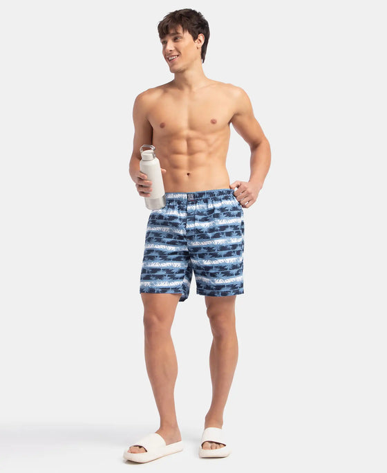 Super Combed Mercerized Cotton Woven Printed Boxer Shorts with Side Pockets - Blue Heaven & White (Pack of 2)