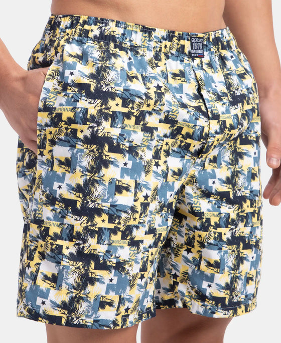 Super Combed Mercerized Cotton Woven Printed Boxer Shorts with Side Pockets - Blue Heaven & White (Pack of 2)
