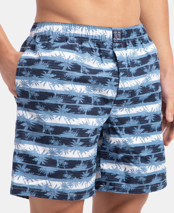 Super Combed Mercerized Cotton Woven Printed Boxer Shorts with Side Pockets - Blue Heaven & White (Pack of 2)
