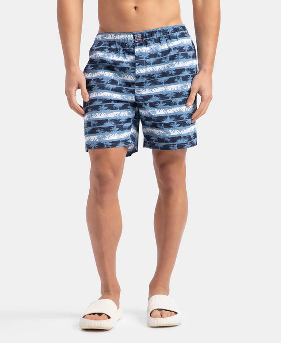 Super Combed Mercerized Cotton Woven Printed Boxer Shorts with Side Pockets - Blue Heaven & White (Pack of 2)
