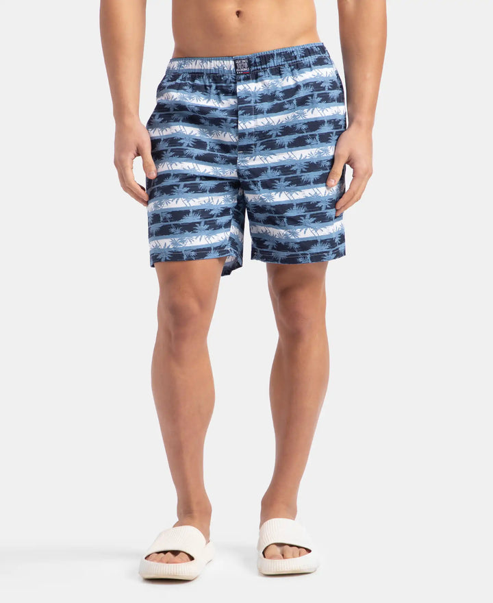 Super Combed Mercerized Cotton Woven Printed Boxer Shorts with Side Pockets - Blue Heaven & White (Pack of 2)