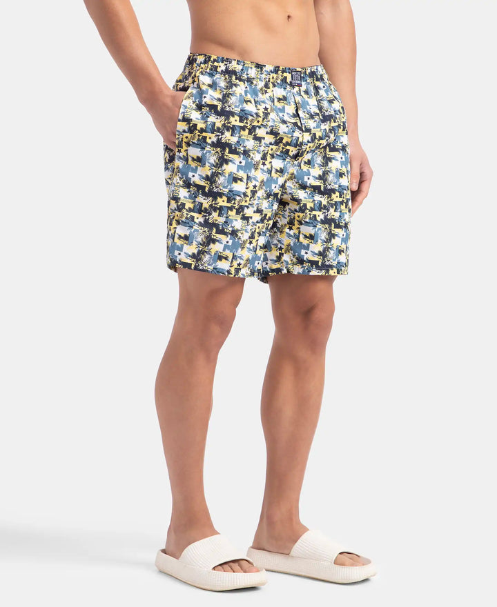 Super Combed Mercerized Cotton Woven Printed Boxer Shorts with Side Pockets - Blue Heaven & White (Pack of 2)