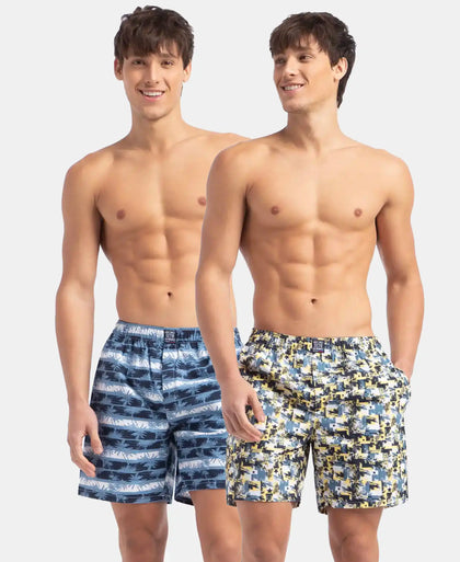 Super Combed Mercerized Cotton Woven Printed Boxer Shorts with Side Pockets - Blue Heaven & White (Pack of 2)