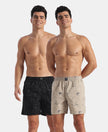 Super Combed Mercerized Cotton Woven Printed Boxer Shorts with Side Pockets - Black & Pure Cashmere (Pack of 2)