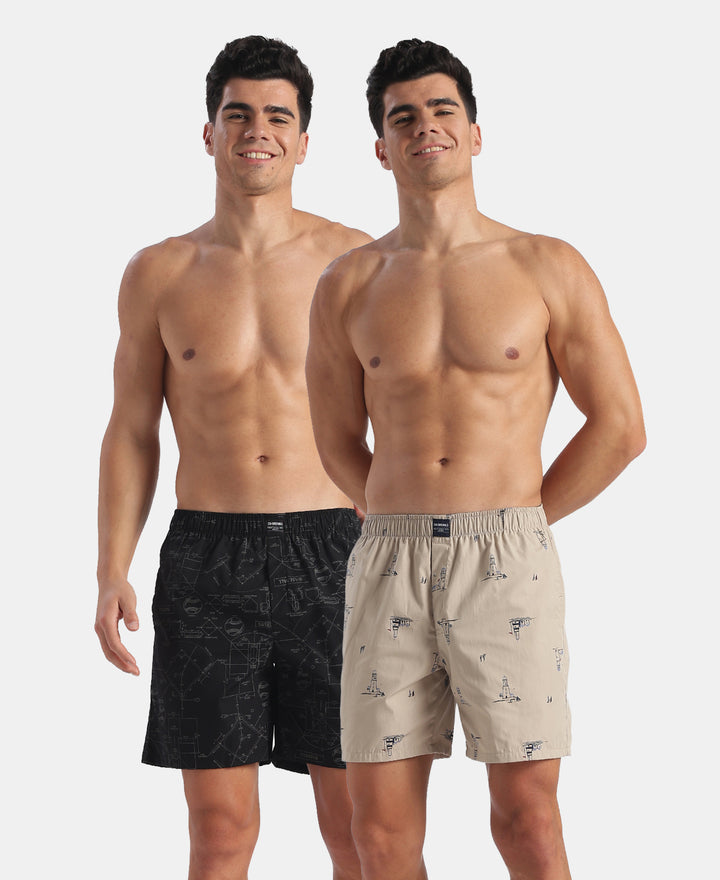 Super Combed Mercerized Cotton Woven Printed Boxer Shorts with Side Pockets - Black & Pure Cashmere (Pack of 2)