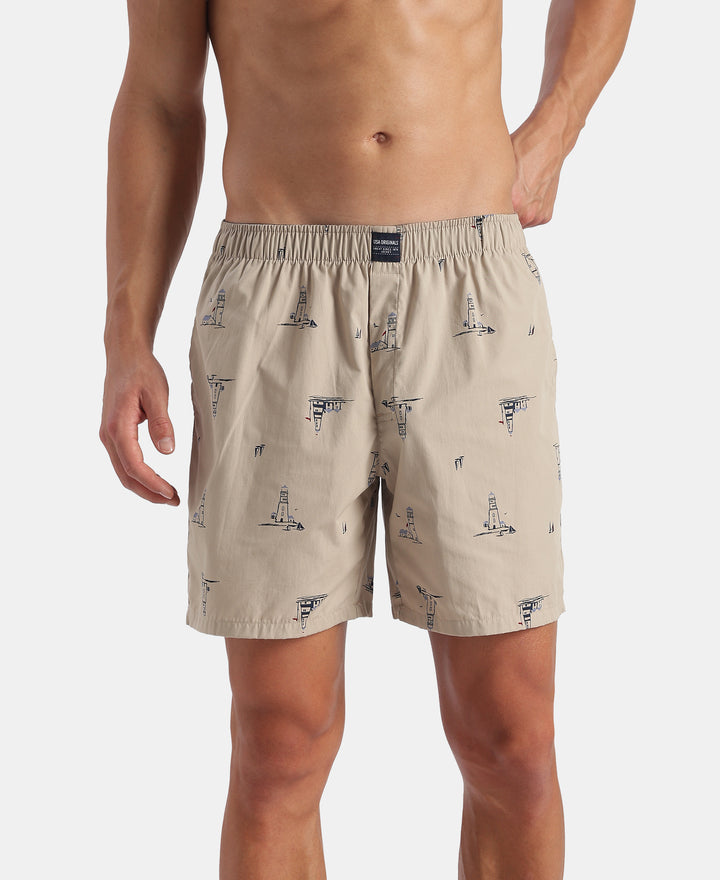 Super Combed Mercerized Cotton Woven Printed Boxer Shorts with Side Pockets - Black & Pure Cashmere (Pack of 2)