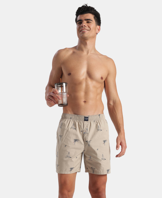 Super Combed Mercerized Cotton Woven Printed Boxer Shorts with Side Pockets - Black & Pure Cashmere (Pack of 2)