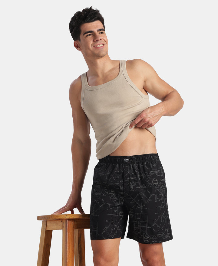 Super Combed Mercerized Cotton Woven Printed Boxer Shorts with Side Pockets - Black & Pure Cashmere (Pack of 2)