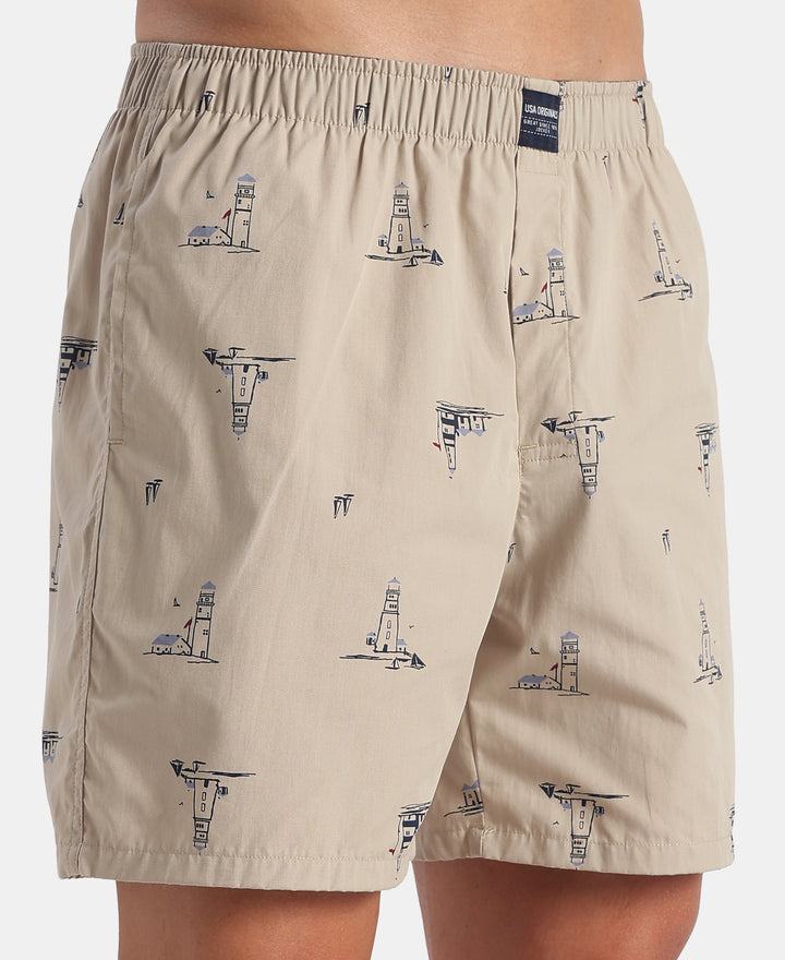 Super Combed Mercerized Cotton Woven Printed Boxer Shorts with Side Pockets - Black & Pure Cashmere (Pack of 2)