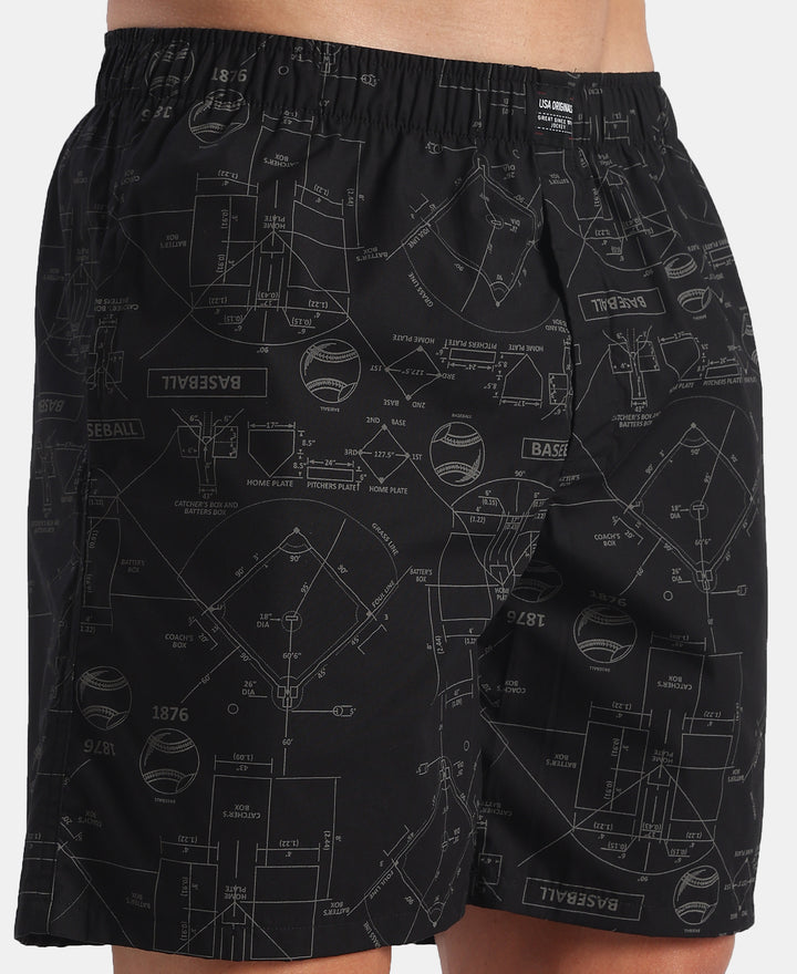 Super Combed Mercerized Cotton Woven Printed Boxer Shorts with Side Pockets - Black & Pure Cashmere (Pack of 2)
