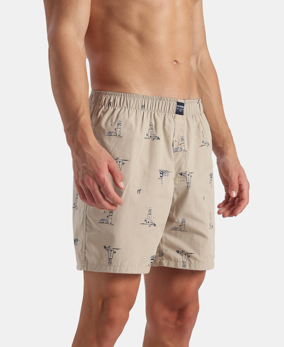 Super Combed Mercerized Cotton Woven Printed Boxer Shorts with Side Pockets - Black & Pure Cashmere (Pack of 2)