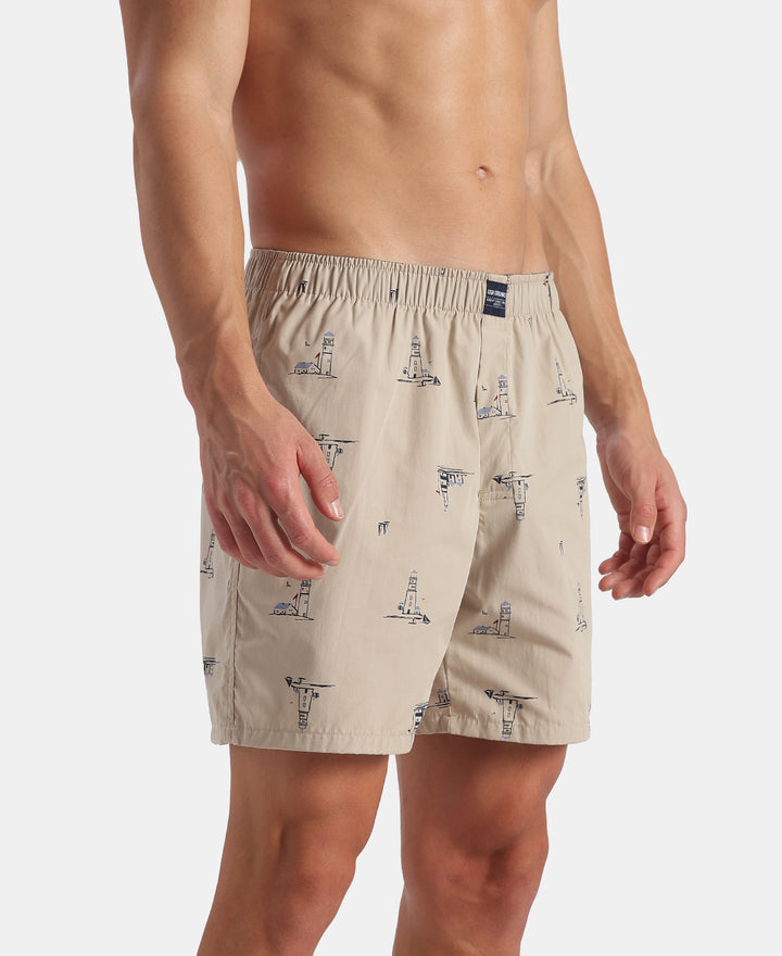 Super Combed Mercerized Cotton Woven Printed Boxer Shorts with Side Pockets - Black & Pure Cashmere (Pack of 2)