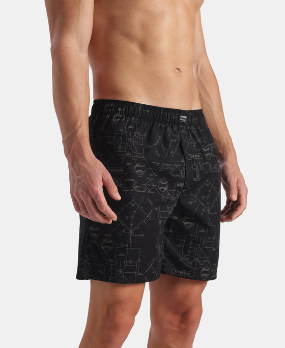 Super Combed Mercerized Cotton Woven Printed Boxer Shorts with Side Pockets - Black & Pure Cashmere (Pack of 2)