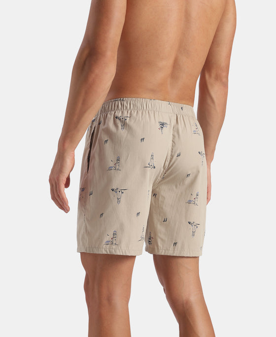 Super Combed Mercerized Cotton Woven Printed Boxer Shorts with Side Pockets - Black & Pure Cashmere (Pack of 2)