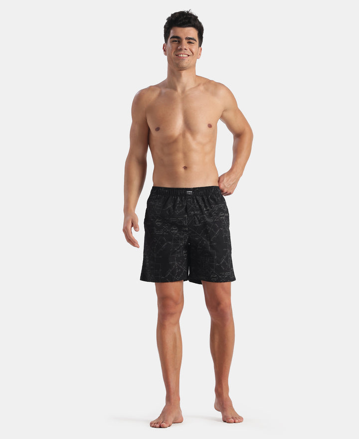 Super Combed Mercerized Cotton Woven Printed Boxer Shorts with Side Pockets - Black & Pure Cashmere (Pack of 2)