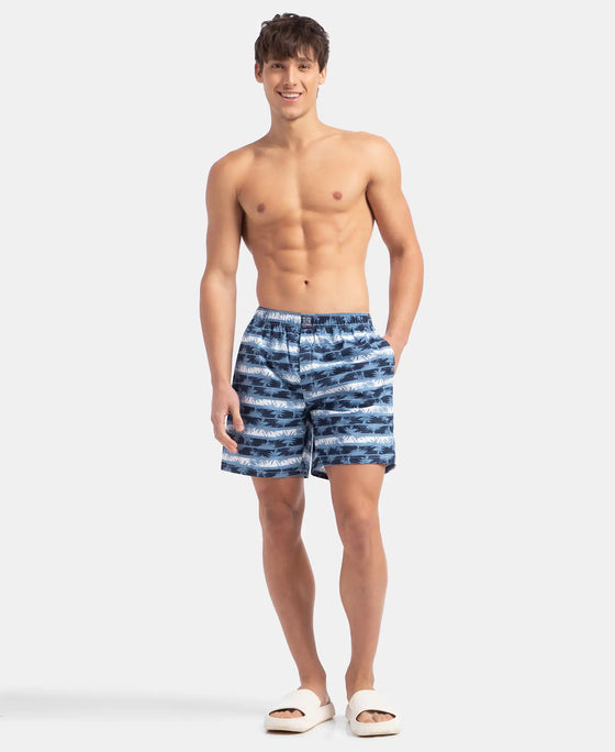 Super Combed Mercerized Cotton Woven Printed Boxer Shorts with Side Pockets - Blue Heaven