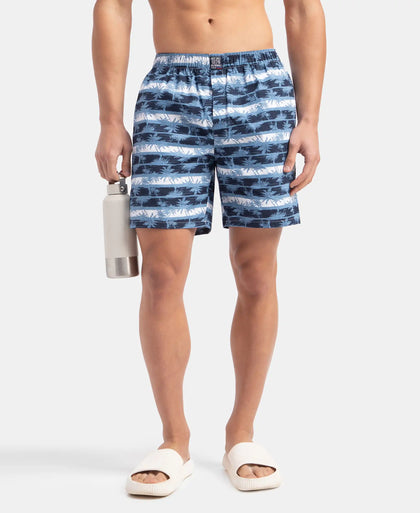 Super Combed Mercerized Cotton Woven Printed Boxer Shorts with Side Pockets - Blue Heaven