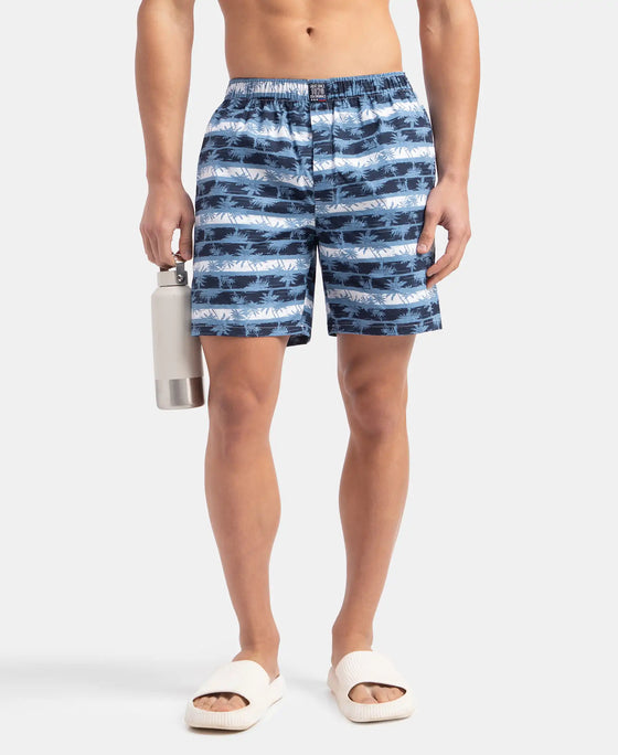 Super Combed Mercerized Cotton Woven Printed Boxer Shorts with Side Pockets - Blue Heaven