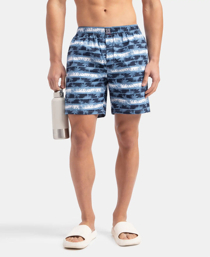 Super Combed Mercerized Cotton Woven Printed Boxer Shorts with Side Pockets - Blue Heaven