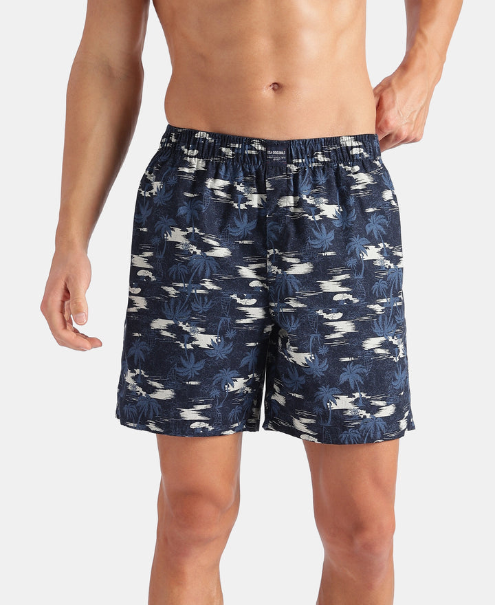 Super Combed Mercerized Cotton Woven Printed Boxer Shorts with Side Pockets - Faded Denim & Navy (Pack of 2)