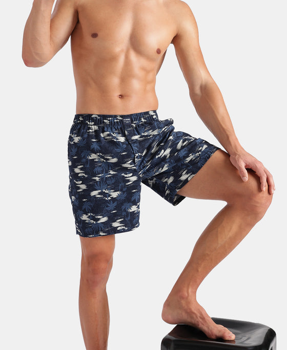 Super Combed Mercerized Cotton Woven Printed Boxer Shorts with Side Pockets - Faded Denim & Navy (Pack of 2)