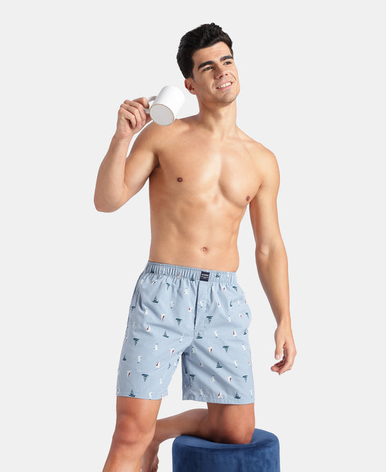 Super Combed Mercerized Cotton Woven Printed Boxer Shorts with Side Pockets - Faded Denim & Navy (Pack of 2)