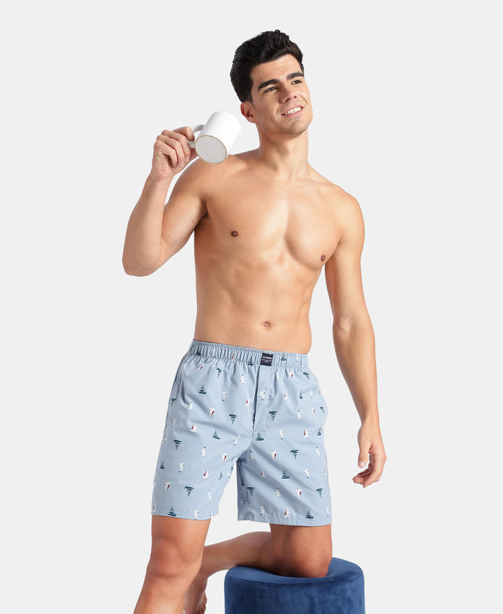 Super Combed Mercerized Cotton Woven Printed Boxer Shorts with Side Pockets - Faded Denim & Navy (Pack of 2)