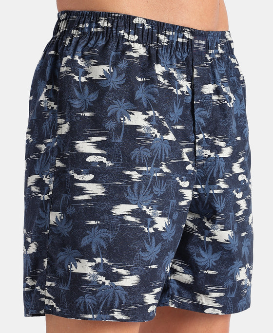 Super Combed Mercerized Cotton Woven Printed Boxer Shorts with Side Pockets - Faded Denim & Navy (Pack of 2)