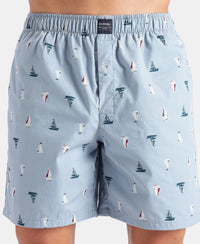 Super Combed Mercerized Cotton Woven Printed Boxer Shorts with Side Pockets - Faded Denim & Navy (Pack of 2)