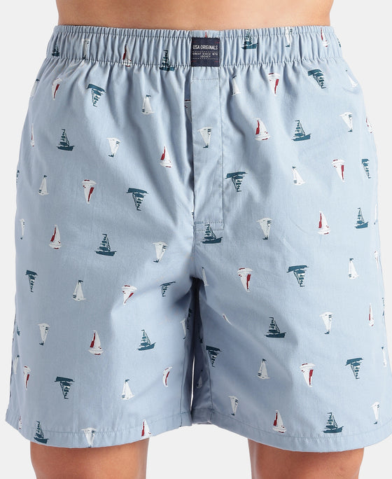Super Combed Mercerized Cotton Woven Printed Boxer Shorts with Side Pockets - Faded Denim & Navy (Pack of 2)