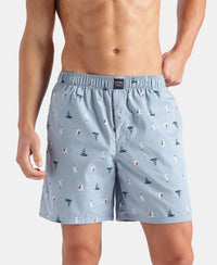 Super Combed Mercerized Cotton Woven Printed Boxer Shorts with Side Pockets - Faded Denim & Navy (Pack of 2)