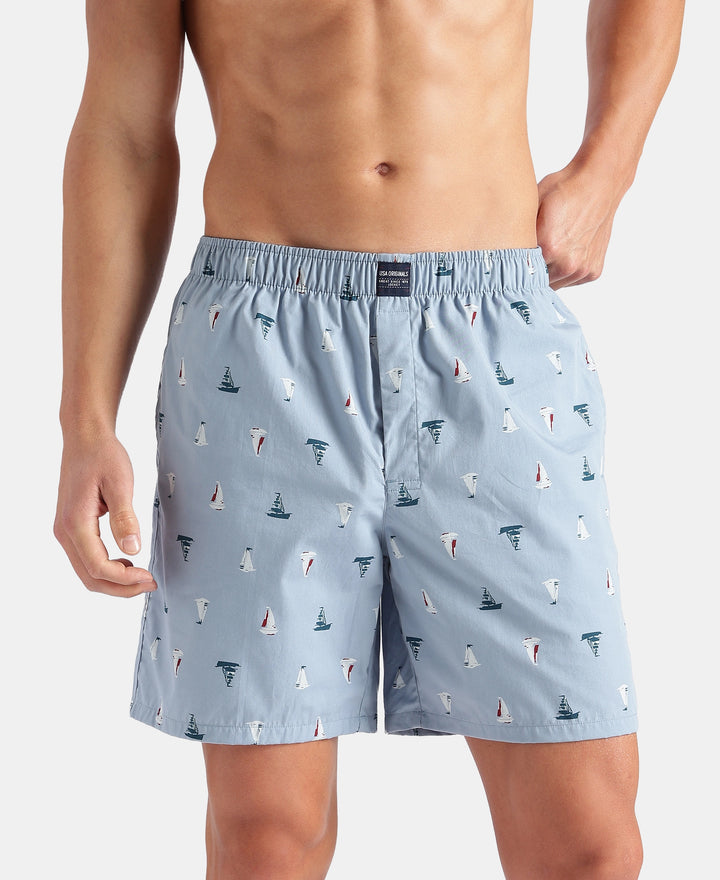 Super Combed Mercerized Cotton Woven Printed Boxer Shorts with Side Pockets - Faded Denim & Navy (Pack of 2)