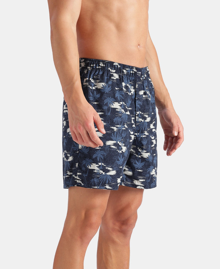 Super Combed Mercerized Cotton Woven Printed Boxer Shorts with Side Pockets - Faded Denim & Navy (Pack of 2)