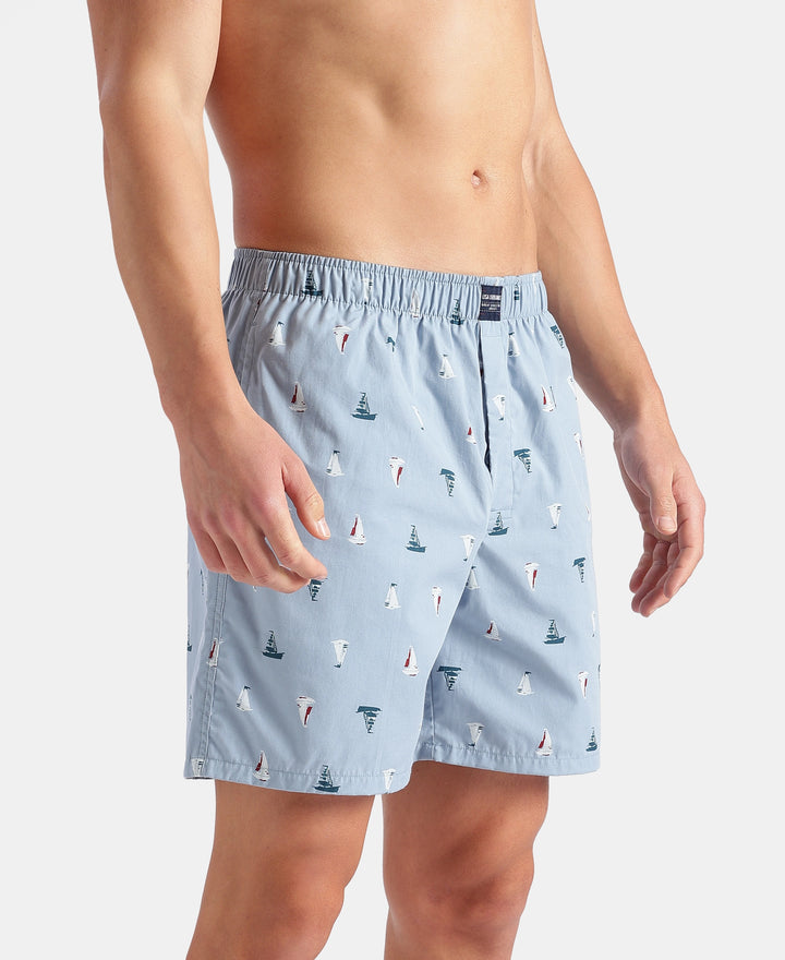 Super Combed Mercerized Cotton Woven Printed Boxer Shorts with Side Pockets - Faded Denim & Navy (Pack of 2)