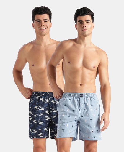 Super Combed Mercerized Cotton Woven Printed Boxer Shorts with Side Pockets - Faded Denim & Navy (Pack of 2)