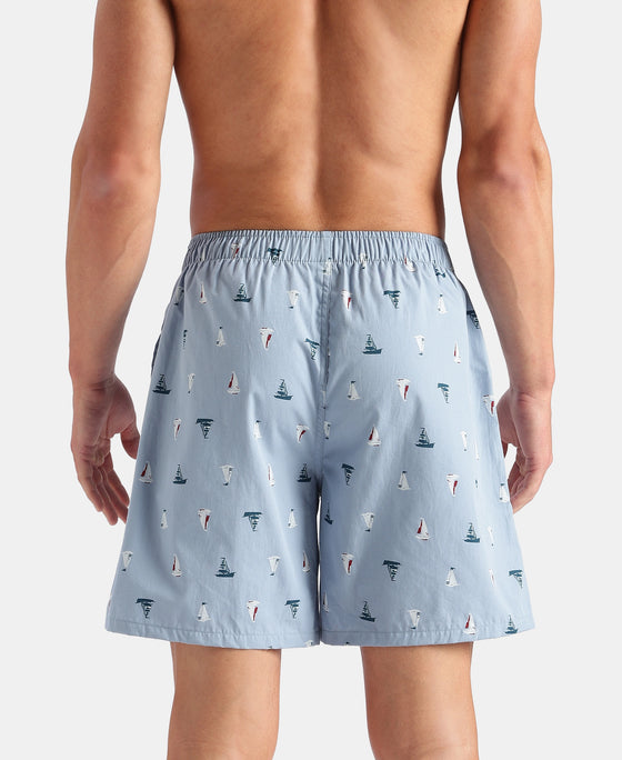 Super Combed Mercerized Cotton Woven Printed Boxer Shorts with Side Pockets - Faded Denim & Navy (Pack of 2)