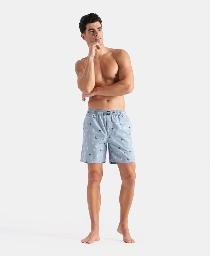 Super Combed Mercerized Cotton Woven Printed Boxer Shorts with Side Pockets - Faded Denim & Navy (Pack of 2)