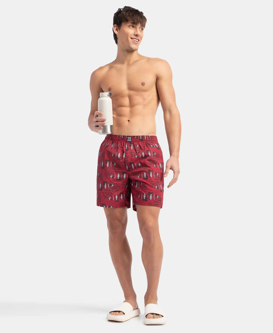 Super Combed Mercerized Cotton Woven Printed Boxer Shorts with Side Pockets - Karanda Red