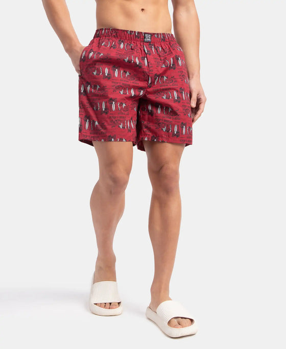 Super Combed Mercerized Cotton Woven Printed Boxer Shorts with Side Pockets - Karanda Red