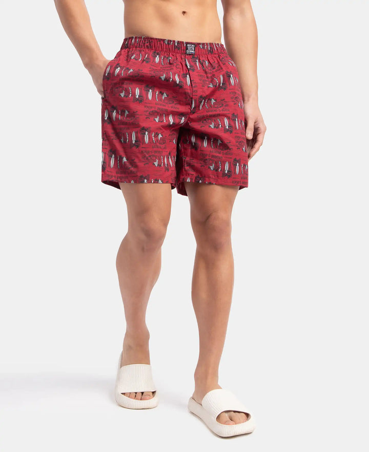 Super Combed Mercerized Cotton Woven Printed Boxer Shorts with Side Pockets - Karanda Red